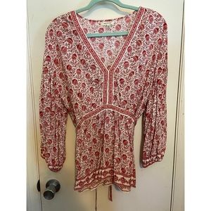 Max Studio Boho Red and White Floral Top with Bishop Style Sleeves